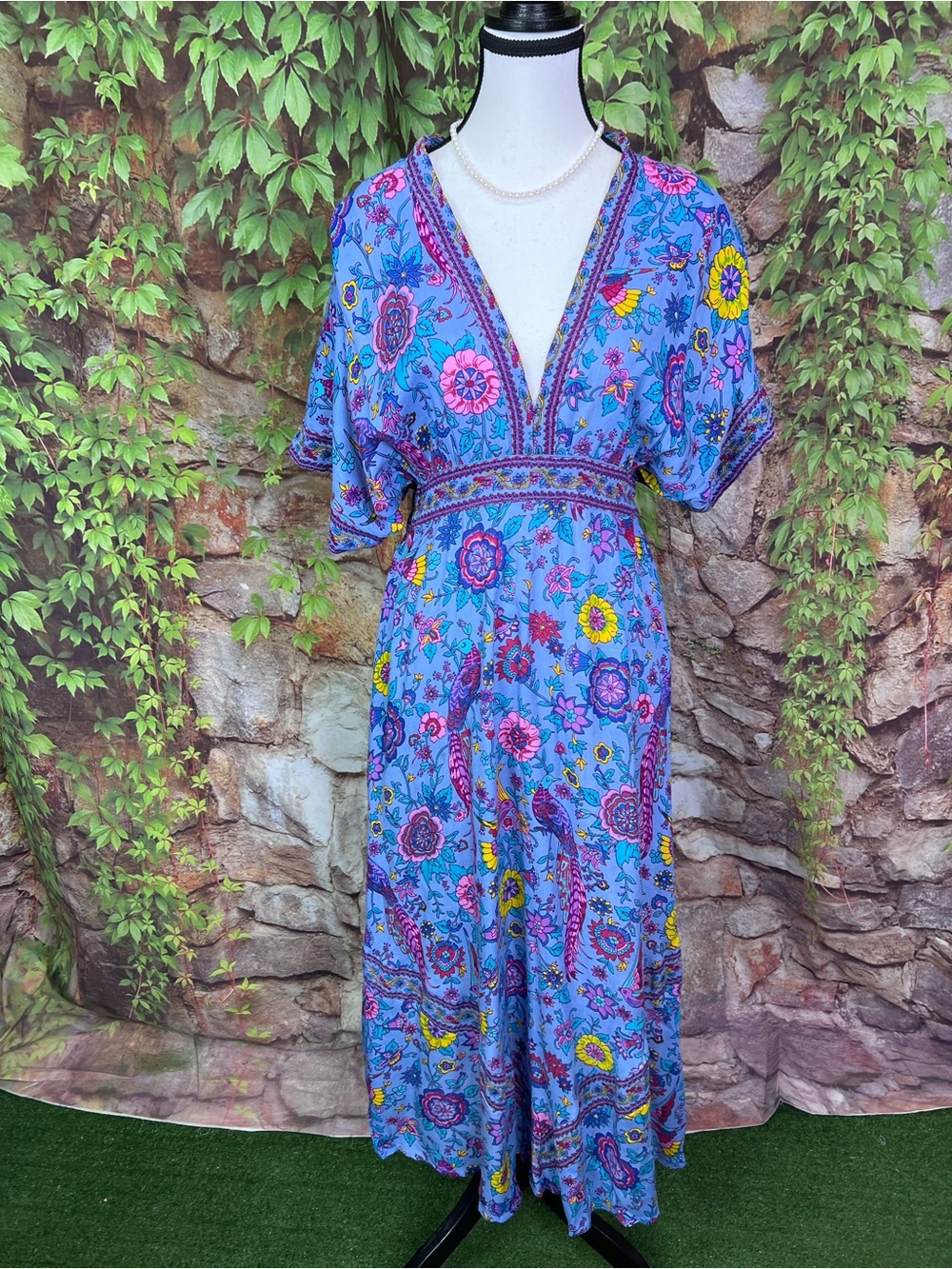 FABRIK Blue Bohemian Floral Tasseled Maxi Dress with Kimono Sleeves, S - Picture 4 of 13